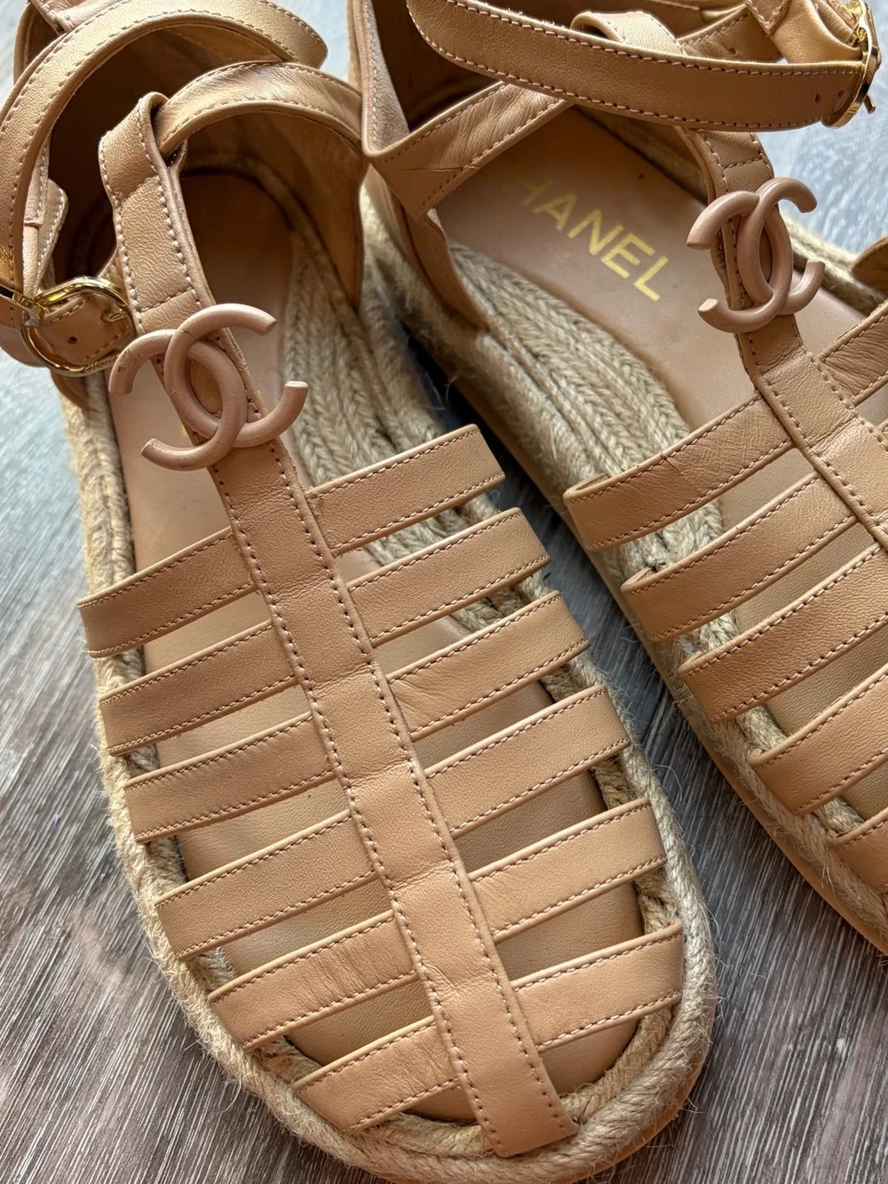 CHANEL Tan Leather Strappy Espadrille Sandals with CC Emblem